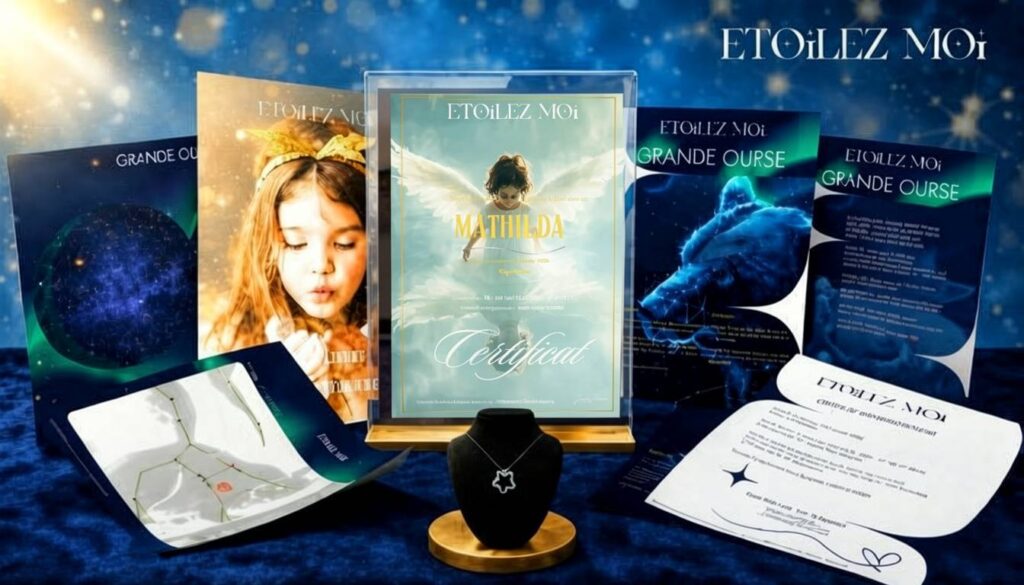 Cadeaux condoléances original mère avec coffret complet comprenant certificat de baptême d'étoile, carte du ciel, poème, lettre d'accompagnement, promesse de l'étoile, fiche de constellation et documents personnalisés