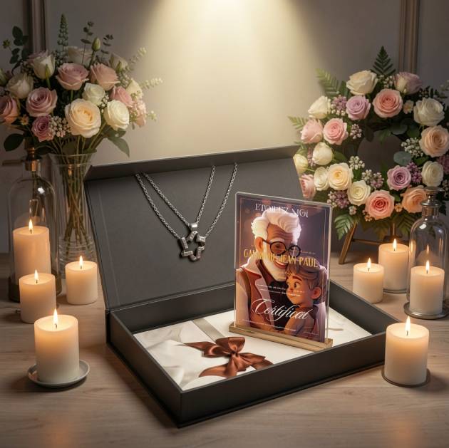 Cadeau personnalisé deuil grand-père avec coffret À jamais dans nos cœurs et certificat de baptême d'étoile personnalisé
