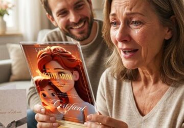Maman émue découvrant son certificat de baptême d’étoile cadeau Noël personnalisé maman