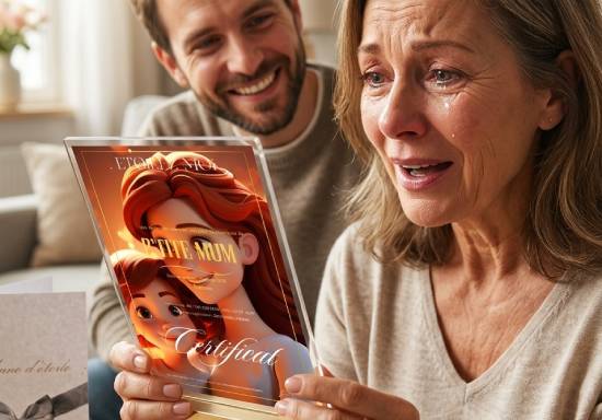 Maman émue découvrant son certificat de baptême d’étoile cadeau Noël personnalisé maman