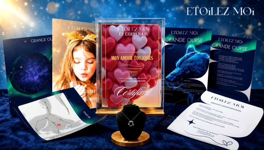 Coffret cadeau Noël personnalisé couple original avec certificat officiel de baptême d'étoile, carte du ciel, poème personnalisé et documents prestige