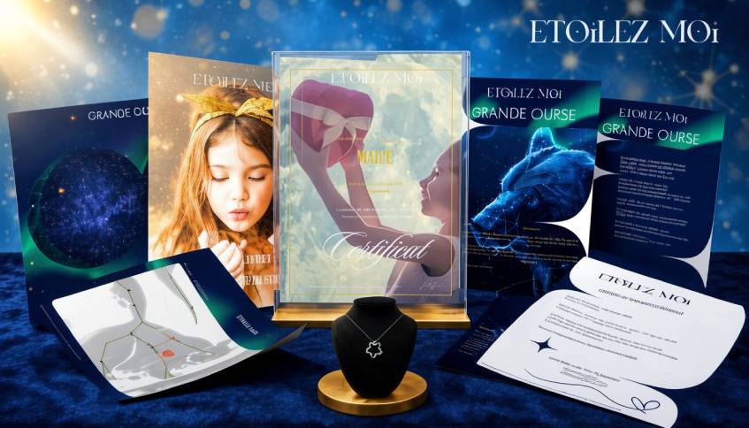 Coffret baptême d’étoile personnalisé pour enfant avec certificat et étoile nominative – cadeau Noël enfant dernière minute
