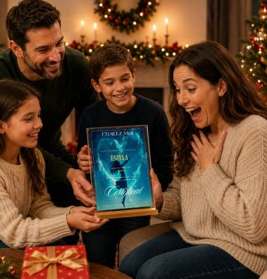 Famille offrant un cadeau Noël personnalisé maman : une femme découvre avec émotion un certificat de baptême d'étoile brillant sous les lumières du sapin.