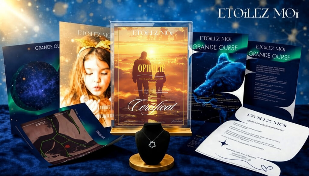 Cadeau personnalisé deuil grand-père avec tous les éléments du coffret À jamais dans nos cœurs, certificat de baptême d'étoile, carte du ciel, poème, lettre, promesse de l'étoile et fiche de constellation