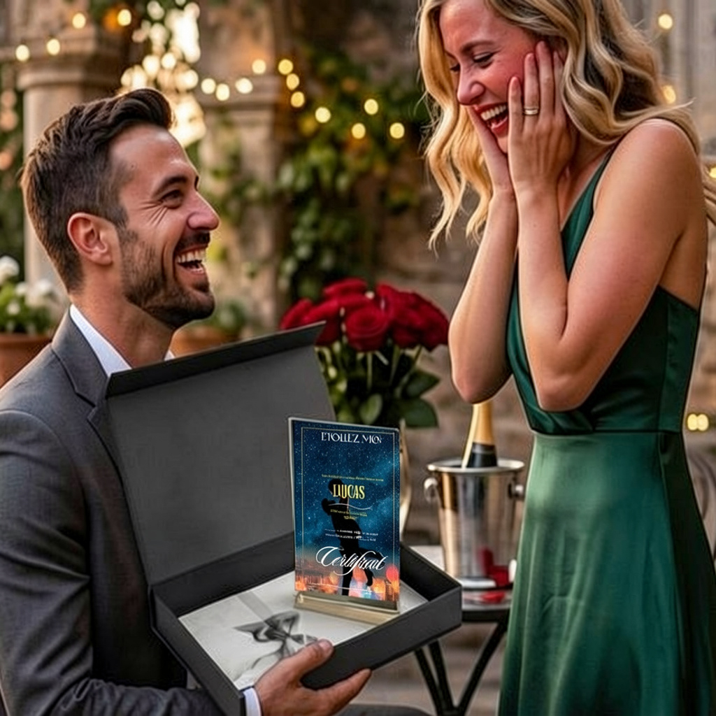 Cadeau demande en mariage femme personnalisé coffret prestige étoile baptisée et certificat officiel