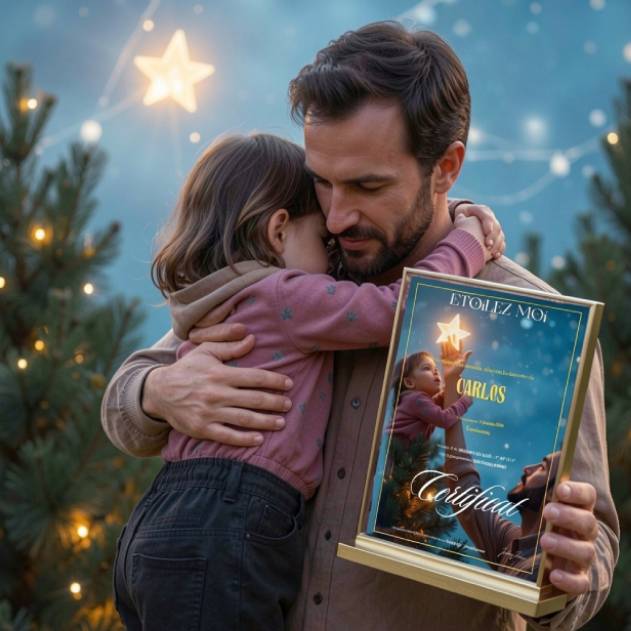 Père et enfants regardant une étoile offerte comme idée cadeau Noël papa original