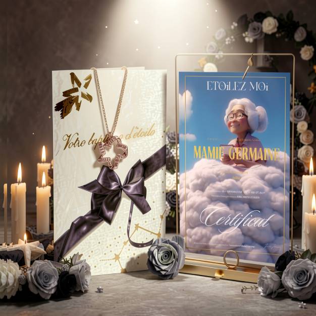 Cadeau décès grand-mère personnalisé avec coffret La bonne étoile de mamie et certificat de baptême d'étoile