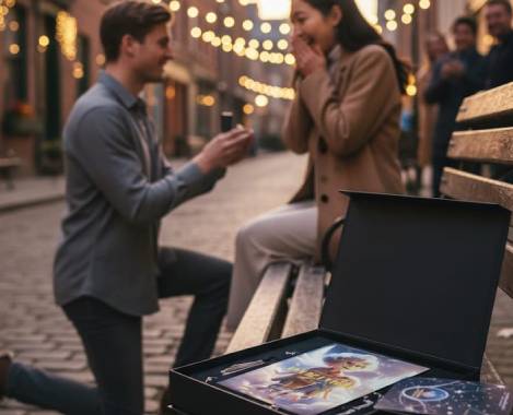 Homme découvrant un cadeau déclaration d'amour originale pour homme et partageant son émotion