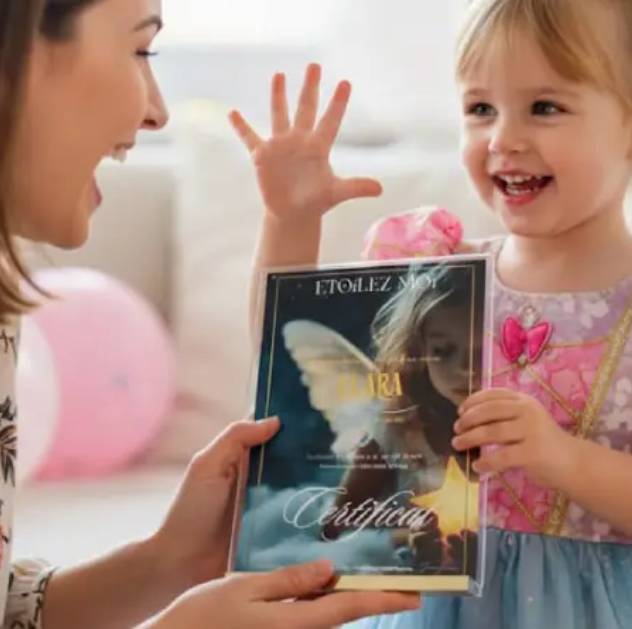 Famille offrant un cadeau Noël personnalisé maman avec coffret baptême d’étoile