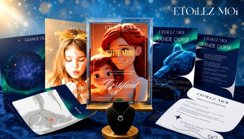 Coffret cadeau Noël personnalisé maman incluant un certificat d'étoile illustré, un collier étoile et des cartes astronomiques sur un fond bleu étoilé.