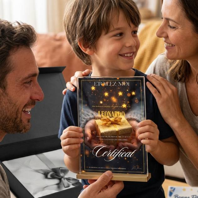 Famille offrant une idée cadeau Noël papa original avec baptême d'étoile personnalisé