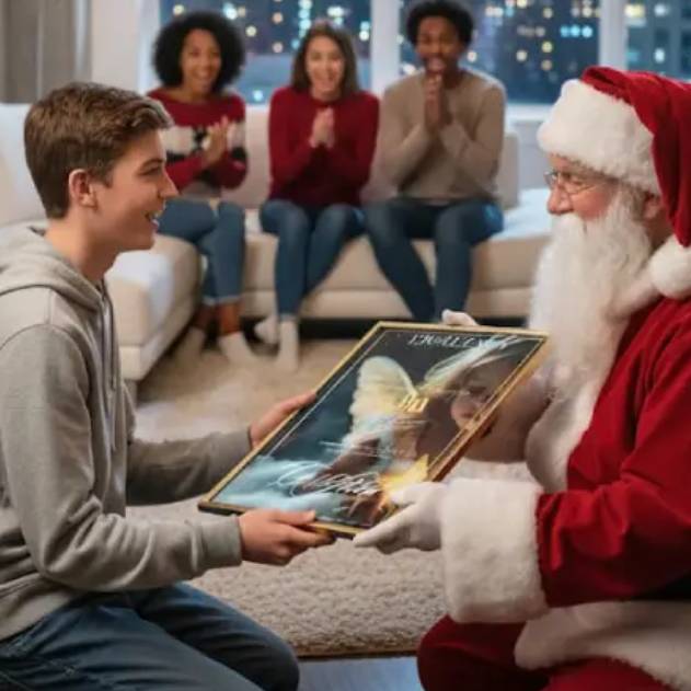 Scène de Noël Père Noël remet certificat baptême d’étoile adolescent cadeau Noël livraison ultra rapide étoile personnalisée