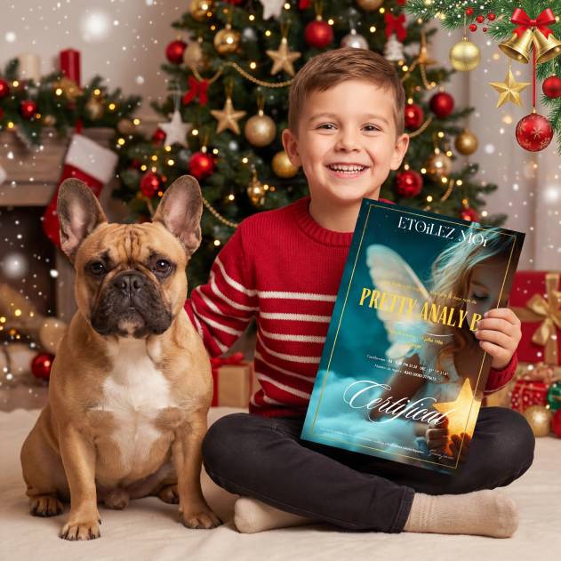 Enfant avec chien devant sapin de Noël certificat baptême d’étoile cadeau Noël dernière minute étoile personnalisée livraison rapide