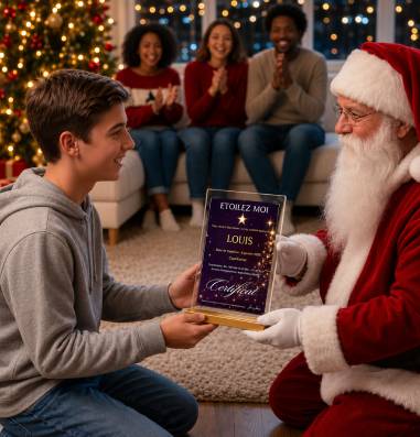 Cadeau Noël dernière minute : adolescent recevant un certificat d’étoile personnalisé Étoilez Moi des mains du Père Noël dans un salon décoré pour les fêtes, idée cadeau originale et émouvante.