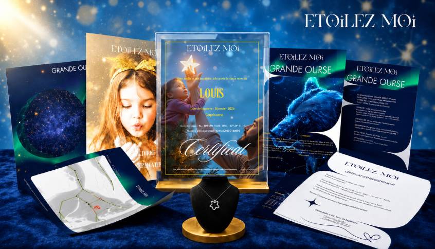 Un coffret cadeau de baptême d'étoile 'Étoilez-moi' sur velours bleu, incluant un certificat encadré en or, une carte d'étoile 'Grande Ourse', un livre de constellation et un collier en forme d'étoile. Deux petites cartes dans l'image affichent le texte "idée cadeau Noël papa original".