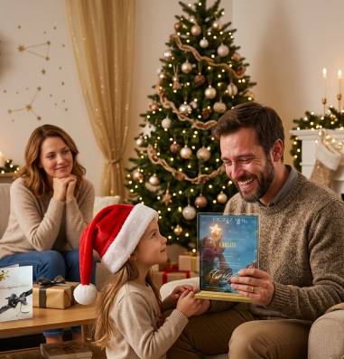 Une petite fille offre un certificat de baptême d'étoile à son père comme idée cadeau Noël papa original, sous le regard bienveillant de la maman dans un salon décoré pour les fêtes.