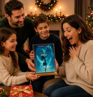 Famille offrant un certificat de baptême d’étoile personnalisé à une maman émue devant le sapin de Noël