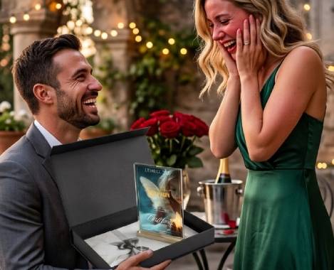 Couple heureux après une idée demande en mariage dernière minute avec certificat d'étoile personnalisé