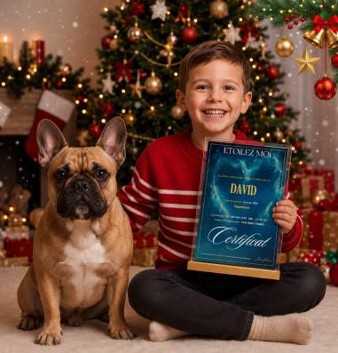 Un jeune garçon pose avec son chien devant le sapin de Noël en présentant un certificat d’étoile personnalisé Étoilez Moi dans un élégant cadre A5. Une idée de cadeau de Noël original et personnalisé pour émerveiller les enfants.