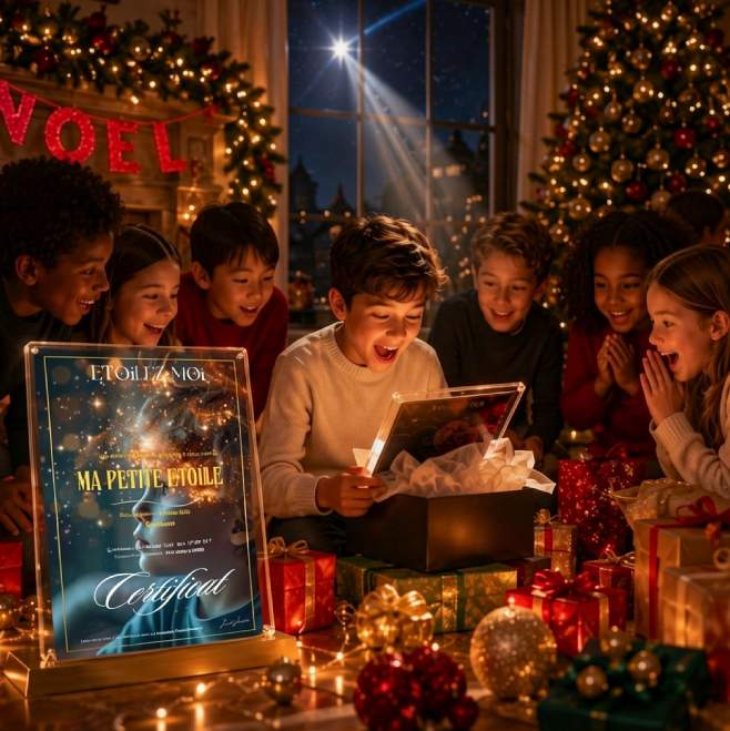 Cadeau Noël garçon personnalisé prestige avec certificat de baptême d’étoile dans un cadre élégant, jeune couple dans son premier appartement, idée cadeau Noël garçon original et unique