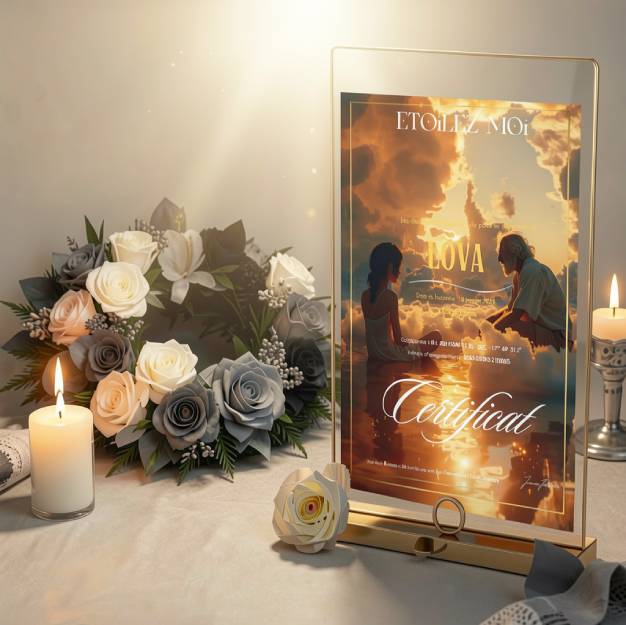 Cadeau condoléances homme urgent avec coffret À jamais mon étoile, certificat de baptême d'étoile personnalisé et hommage céleste immédiat