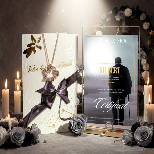 Cadeau symbolique décès père avec coffret À jamais mon père et certificat de baptême d'étoile personnalisé