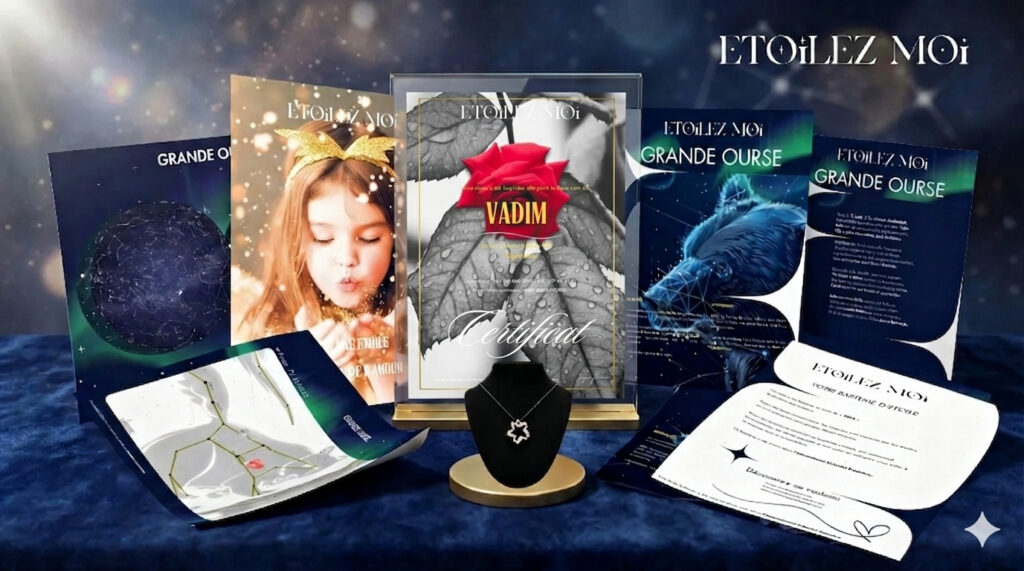 Cadeau décès femme livraison immédiate avec coffret complet comprenant certificat de baptême d'étoile, carte du ciel, poème, lettre d'accompagnement, promesse de l'étoile et documents personnalisés