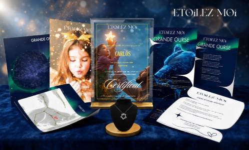 Un coffret cadeau de baptême d'étoile 'Étoilez-moi' sur velours bleu, incluant un certificat encadré en or, une carte d'étoile 'Grande Ourse', un livre de constellation et un collier en forme d'étoile. Deux petites cartes dans l'image affichent le texte "idée cadeau Noël papa original".