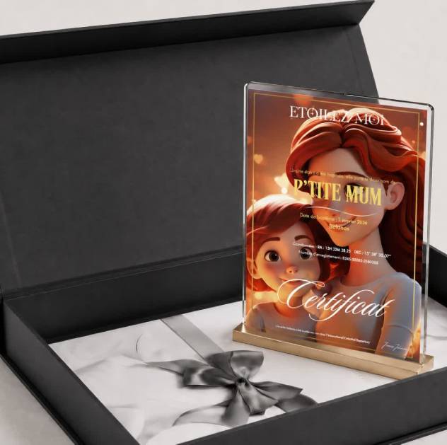 Cadeau fête des mères original et symbolique avec coffret de baptême d’étoile personnalisé pour maman