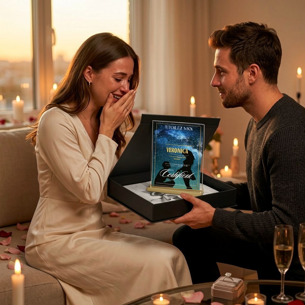 Couple heureux après avoir partagé un cadeau romantique personnalisé plein d'émotion