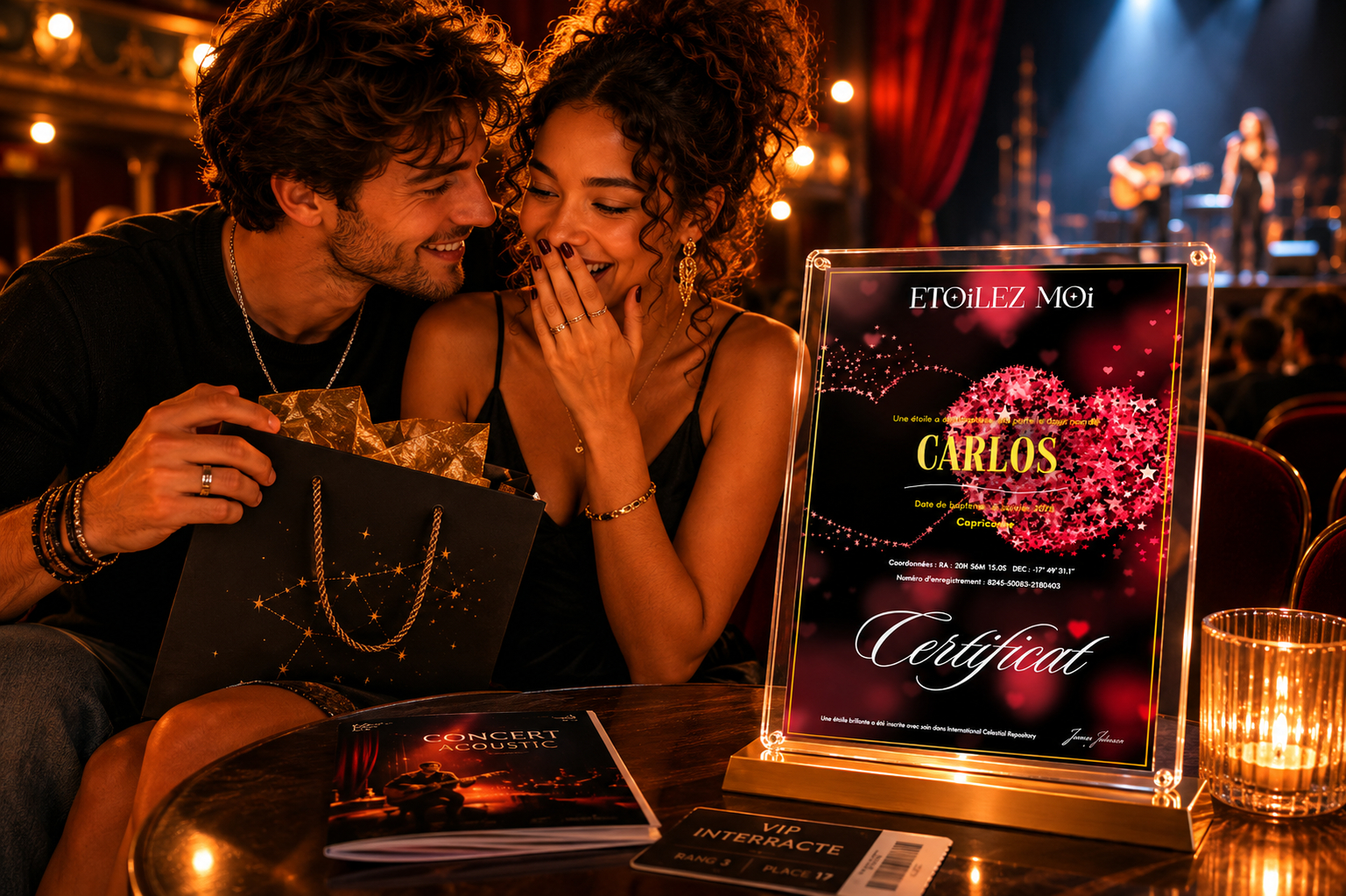 Homme offrant un cadeau romantique original et découvrant l'émotion de sa partenaire